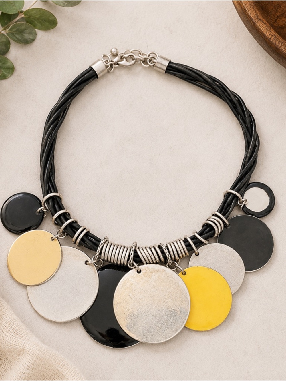 Chico’s Statement Disc Necklace Mixed Metal Black Cord NWT